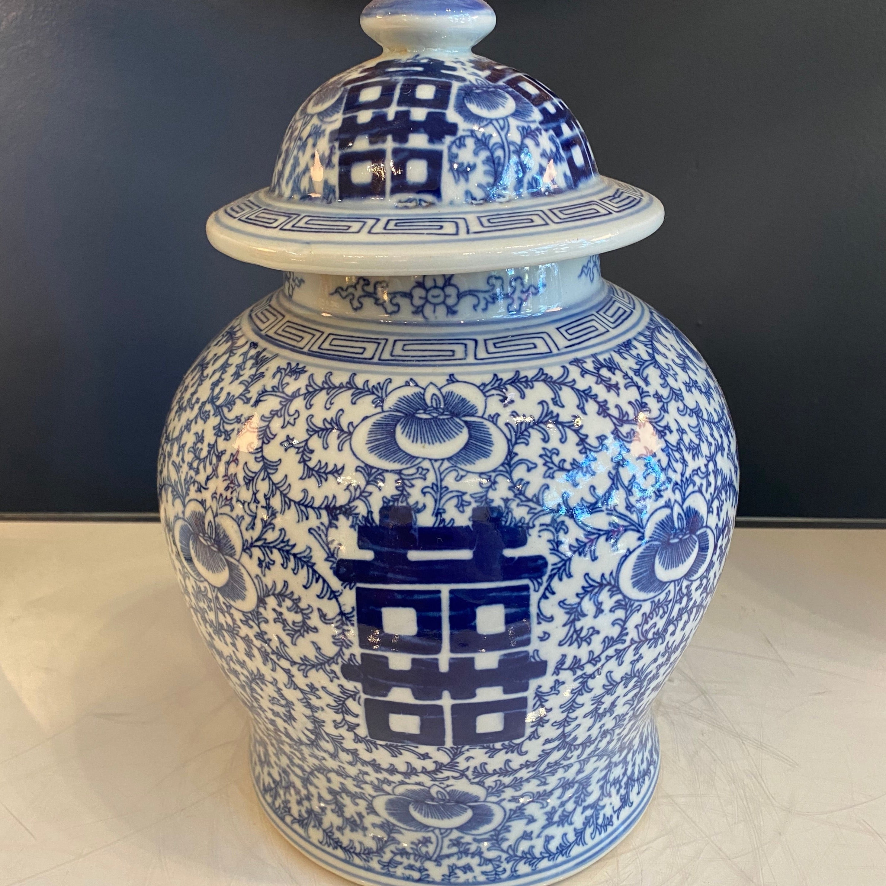 Blue and White Temple Jar with Double Happiness Motif