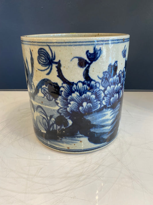 Small Blue and White Planter with Flower and Bird Motif