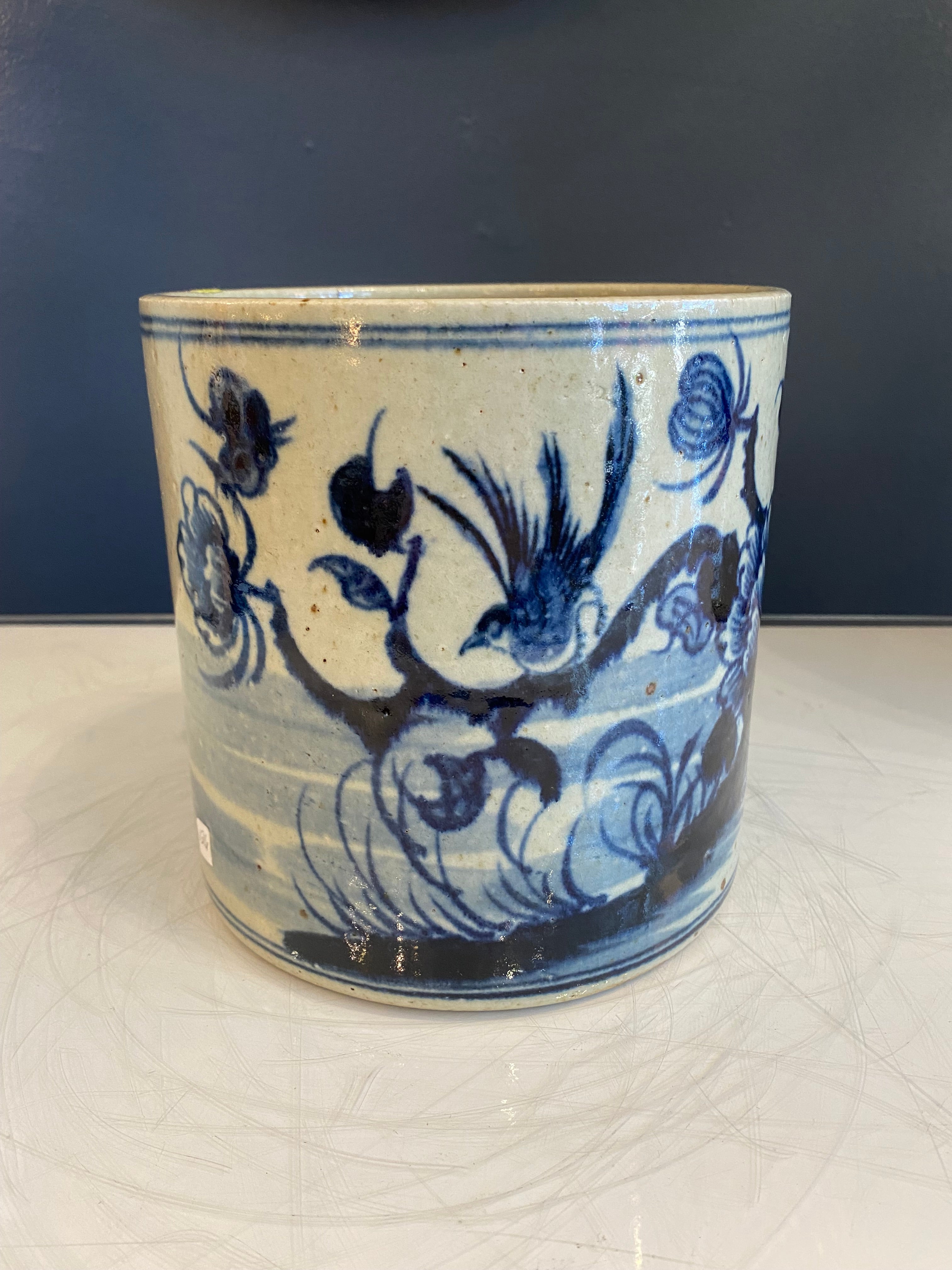 Small Blue and White Planter with Flower and Bird Motif