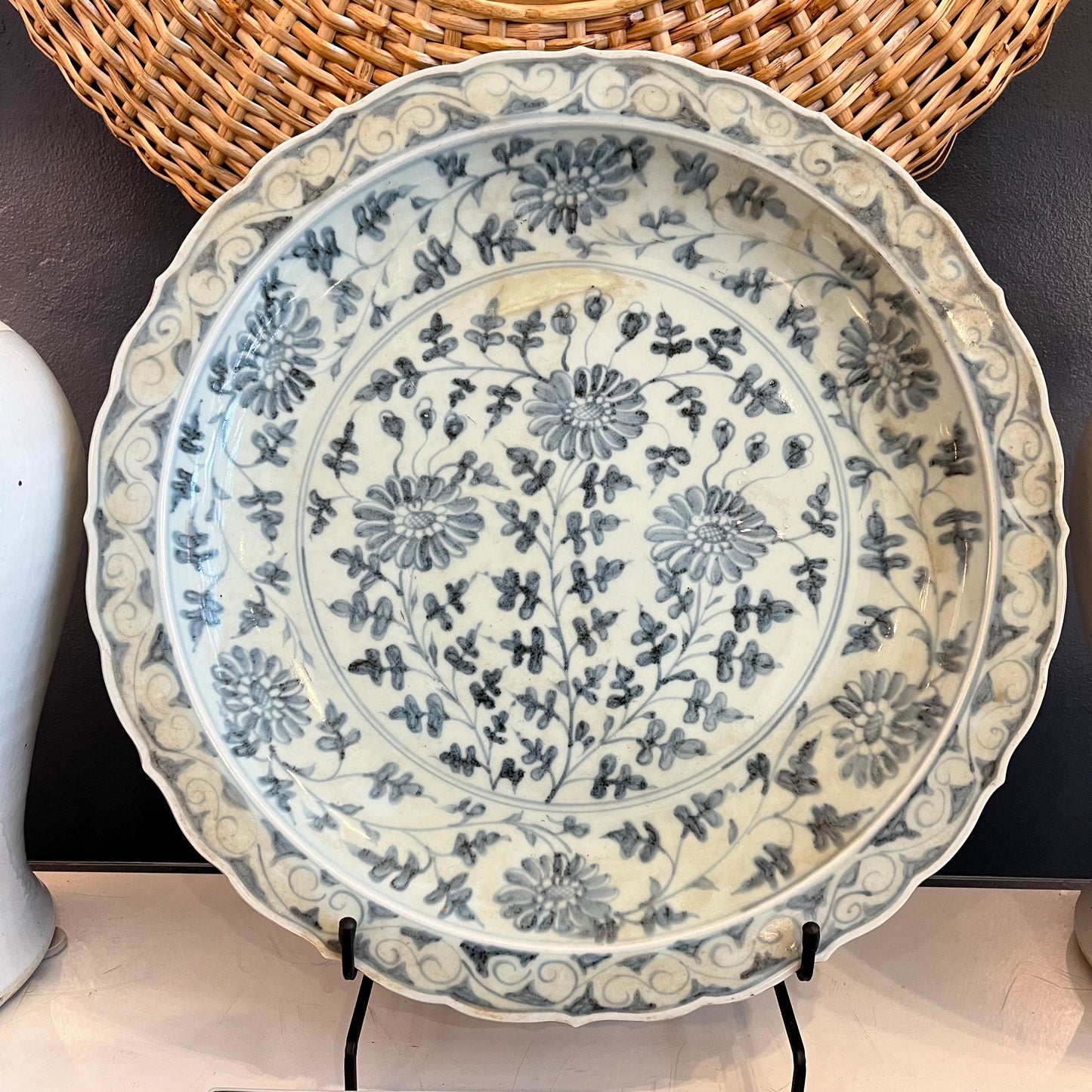 Large Blue and White Porcelain Decorative Floral Plate