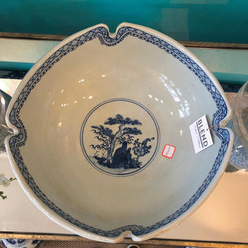 Large Blue & White Porcelain Indented Scallop Decorative Bowl