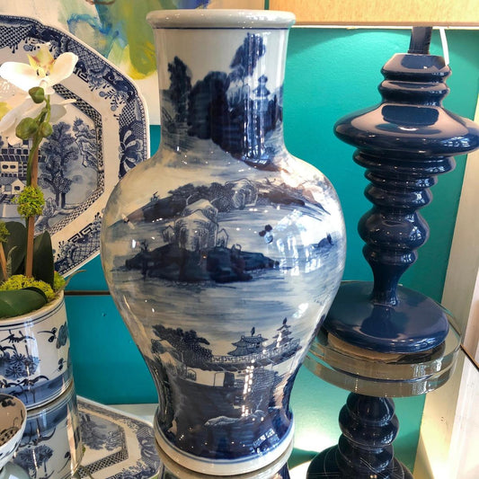 Large Blue & White Porcelain Landscape Vase