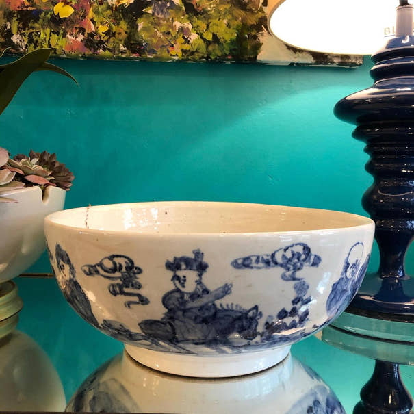 Large Blue & White Porcelain Wise Men Decorative Bowl