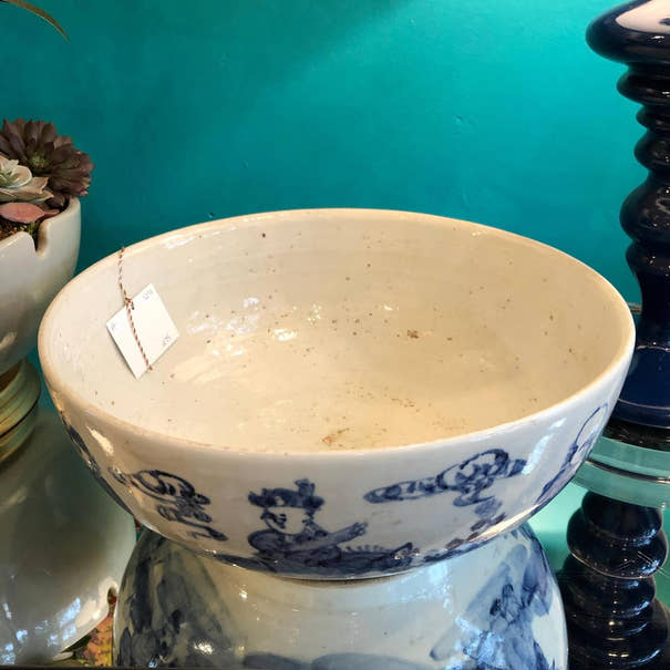 Large Blue & White Porcelain Wise Men Decorative Bowl