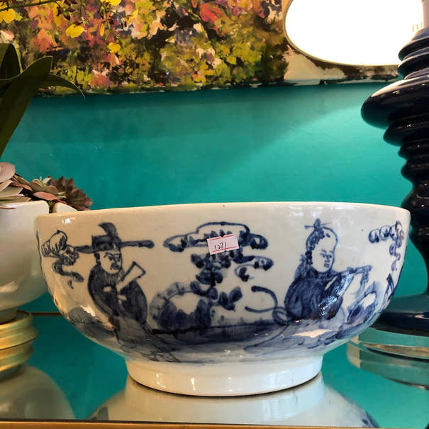 Large Blue & White Porcelain Wise Men Decorative Bowl