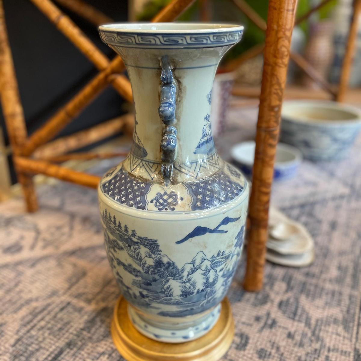 Large Light Blue Antique-style Canton Vase with Foo Dog Handles