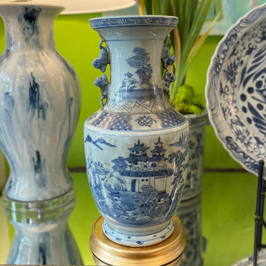 Large Light Blue Antique-style Canton Vase with Foo Dog Handles
