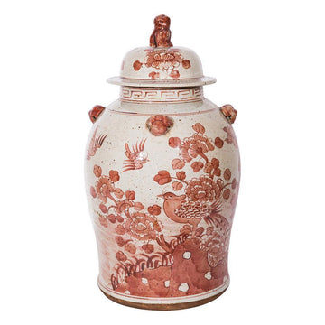 Rustic Maroon Porcelain Red Flower and Bird Temple Jar