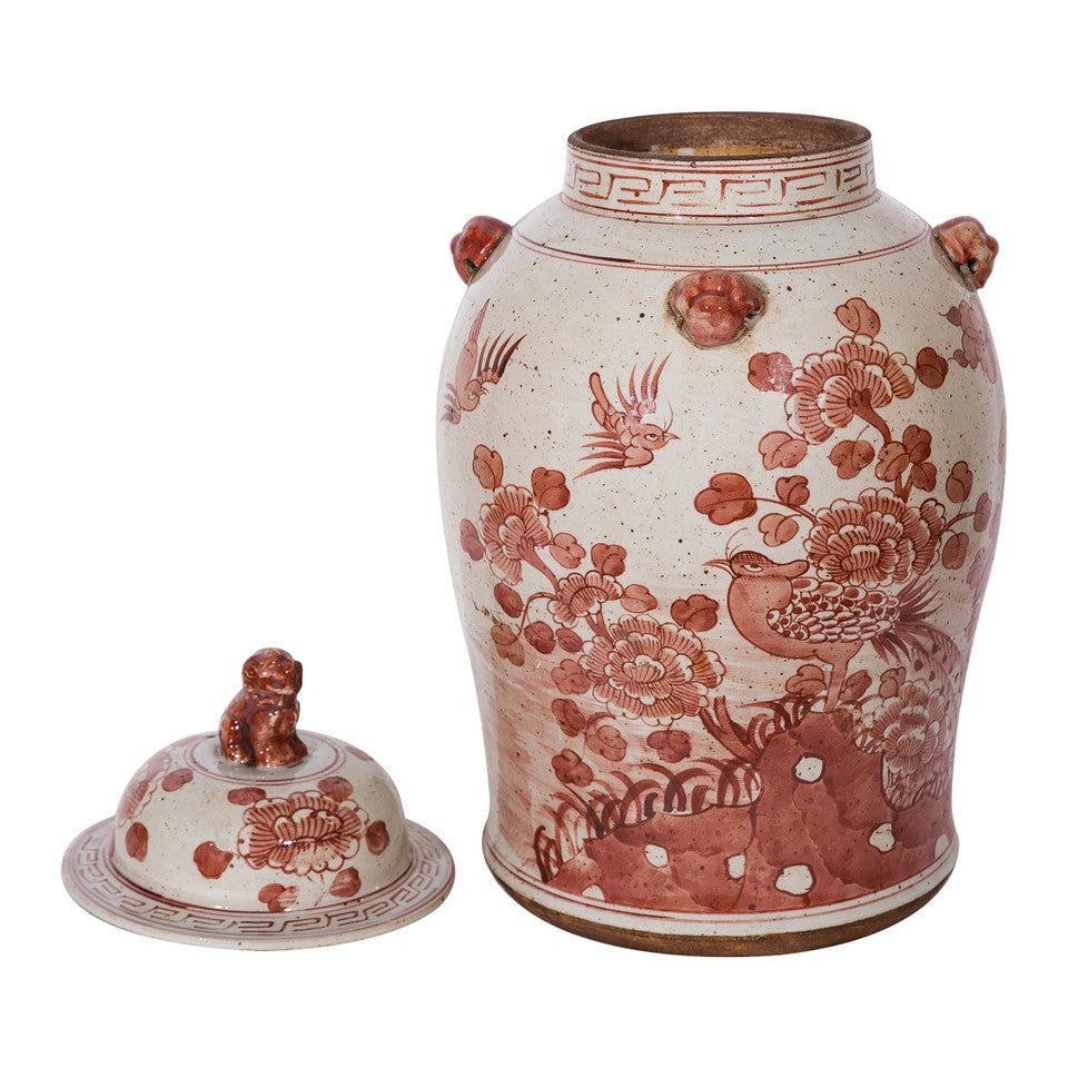 Rustic Maroon Porcelain Red Flower and Bird Temple Jar
