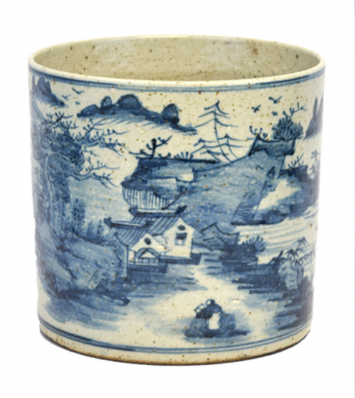 Blue & White Porcelain 9" Brush Pot - Straight Wall Planter - Foot Stomp Clay