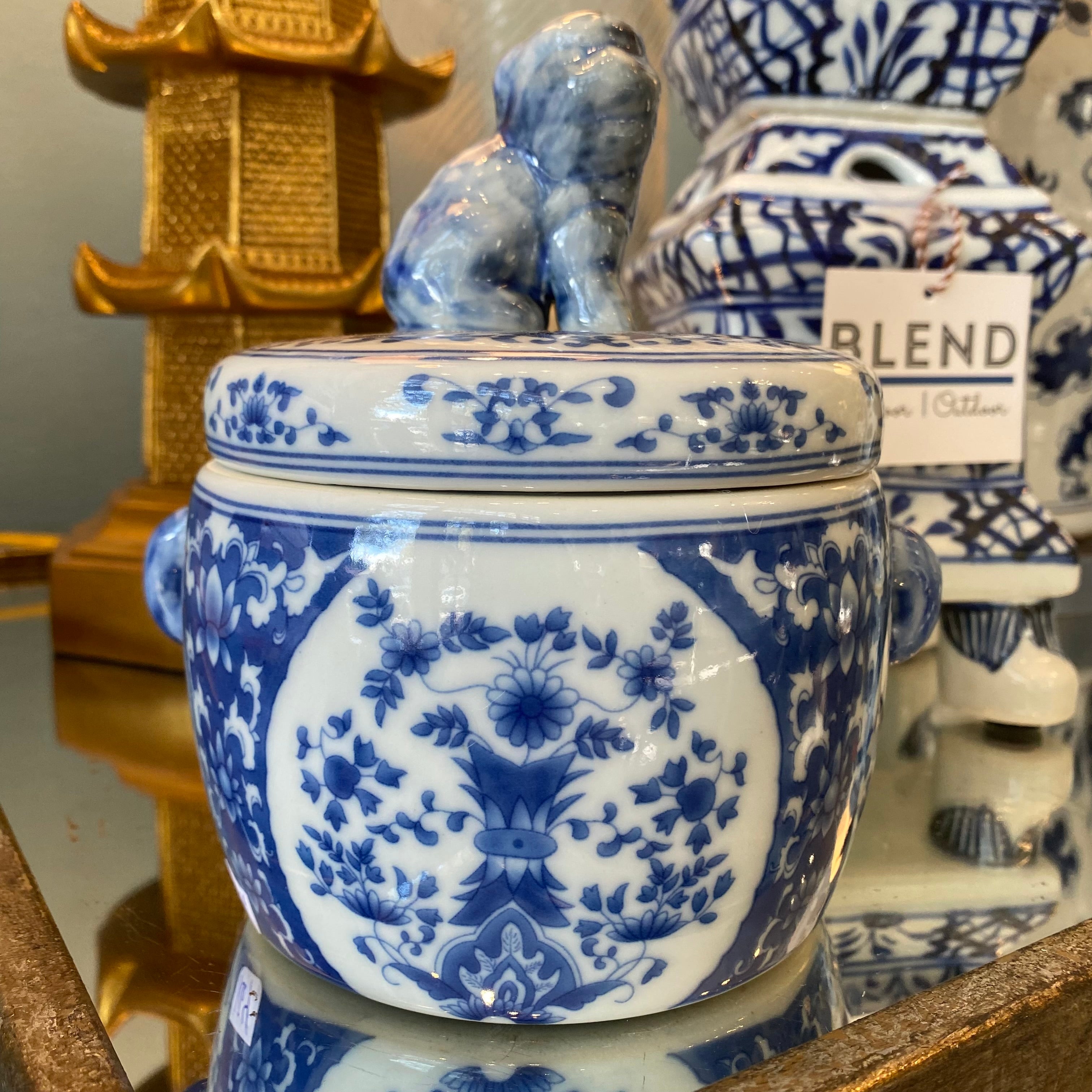 Blue and White Foo Dog Lidded Candle