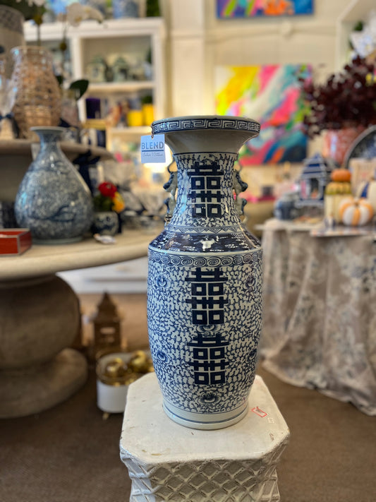 Large Blue & White Porcelain Double Happiness Eternity Vine Vase
