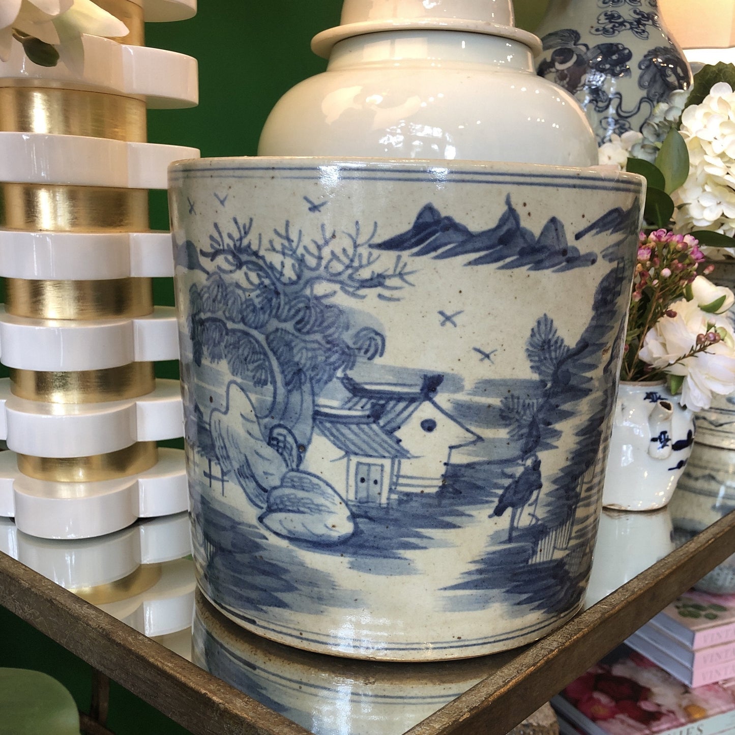 Blue & White Porcelain 9" Brush Pot - Straight Wall Planter - Foot Stomp Clay