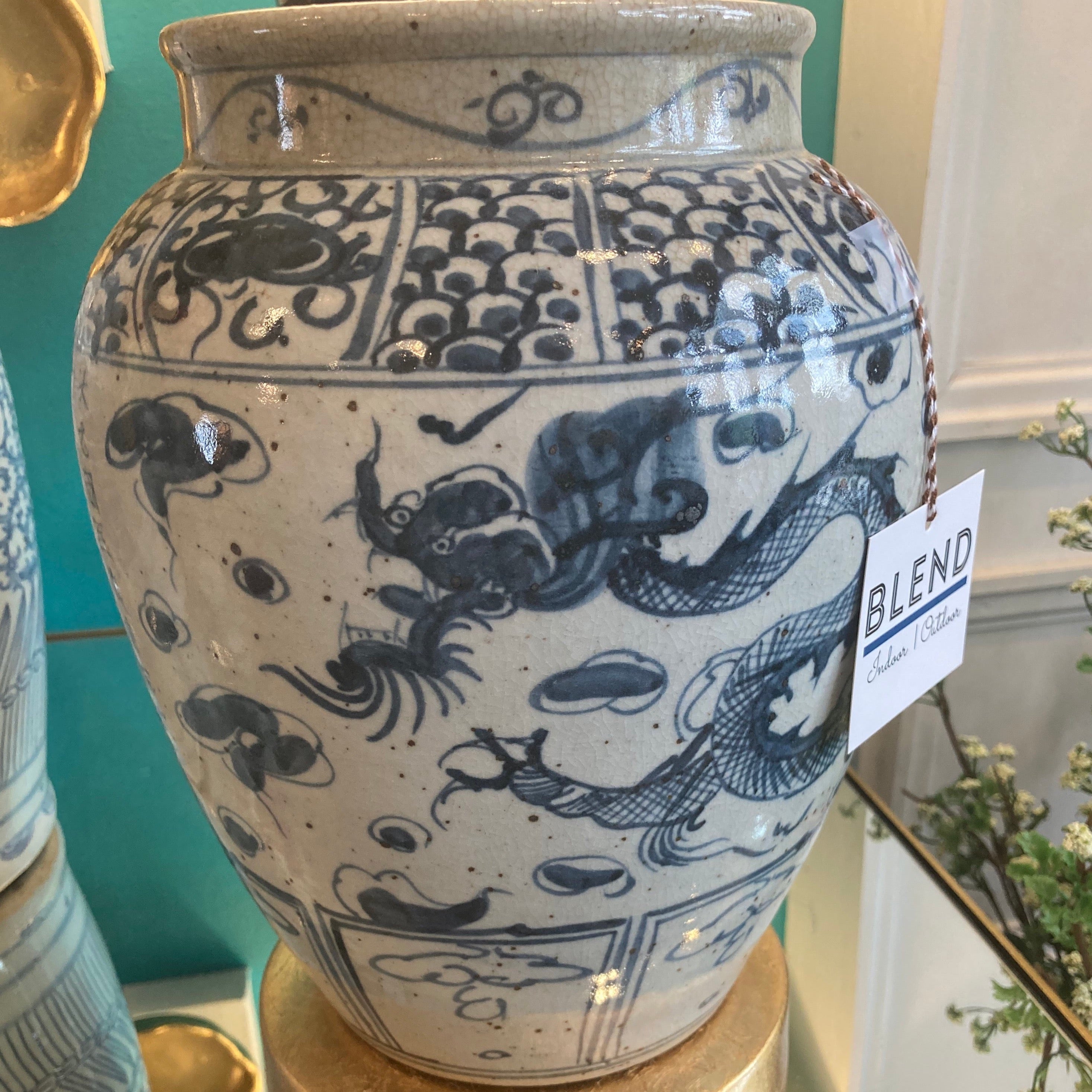 Dark Blue Vase with Crackle  - Blue and White