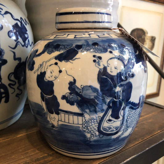 Blue & White Porcelain Children & Qiln Ginger Jar
